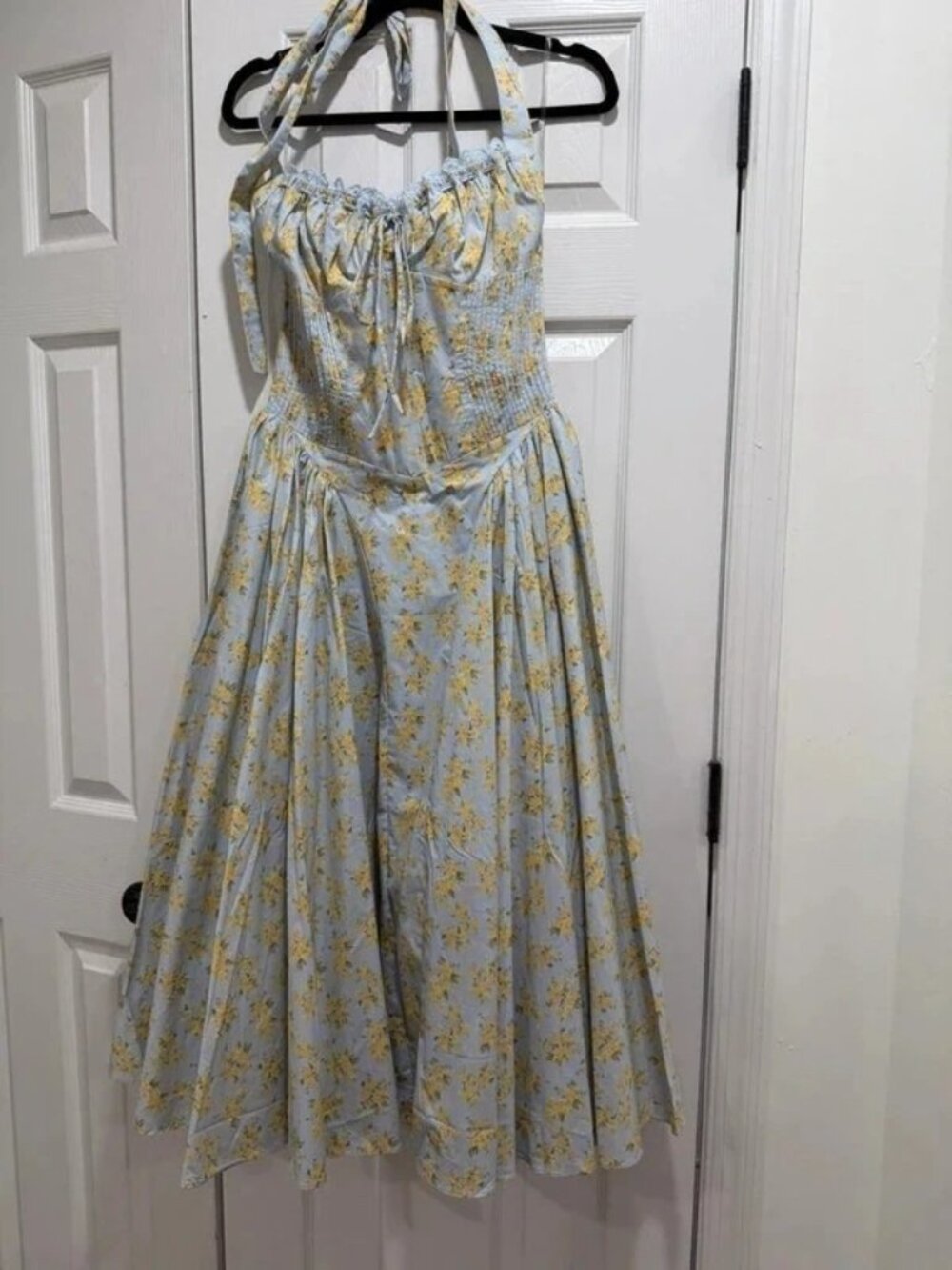 House of CB Adabella Dress Light Blue & Yellow Floral Halter Midi Size M